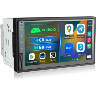 7 Zoll Doppel Din Android Autoradio mit Wireless Carplay, 4+64G Auto Radio Bluetooth mit Bildschirm, 2 Din Autoradio CarPlay Display mit Navi, WiFi, AM/FM/RDS, AUX/SWC