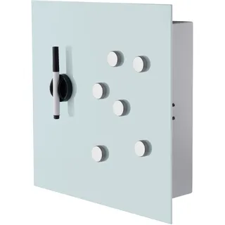 BALOU Schlüsselkasten modern mit Glas Magnettafel - Memoboard magnetisch mit 6 Magneten und Stift - Schlüsselschrank groß mit 20 Haken 33x33x6,8cm milchglas Weiss