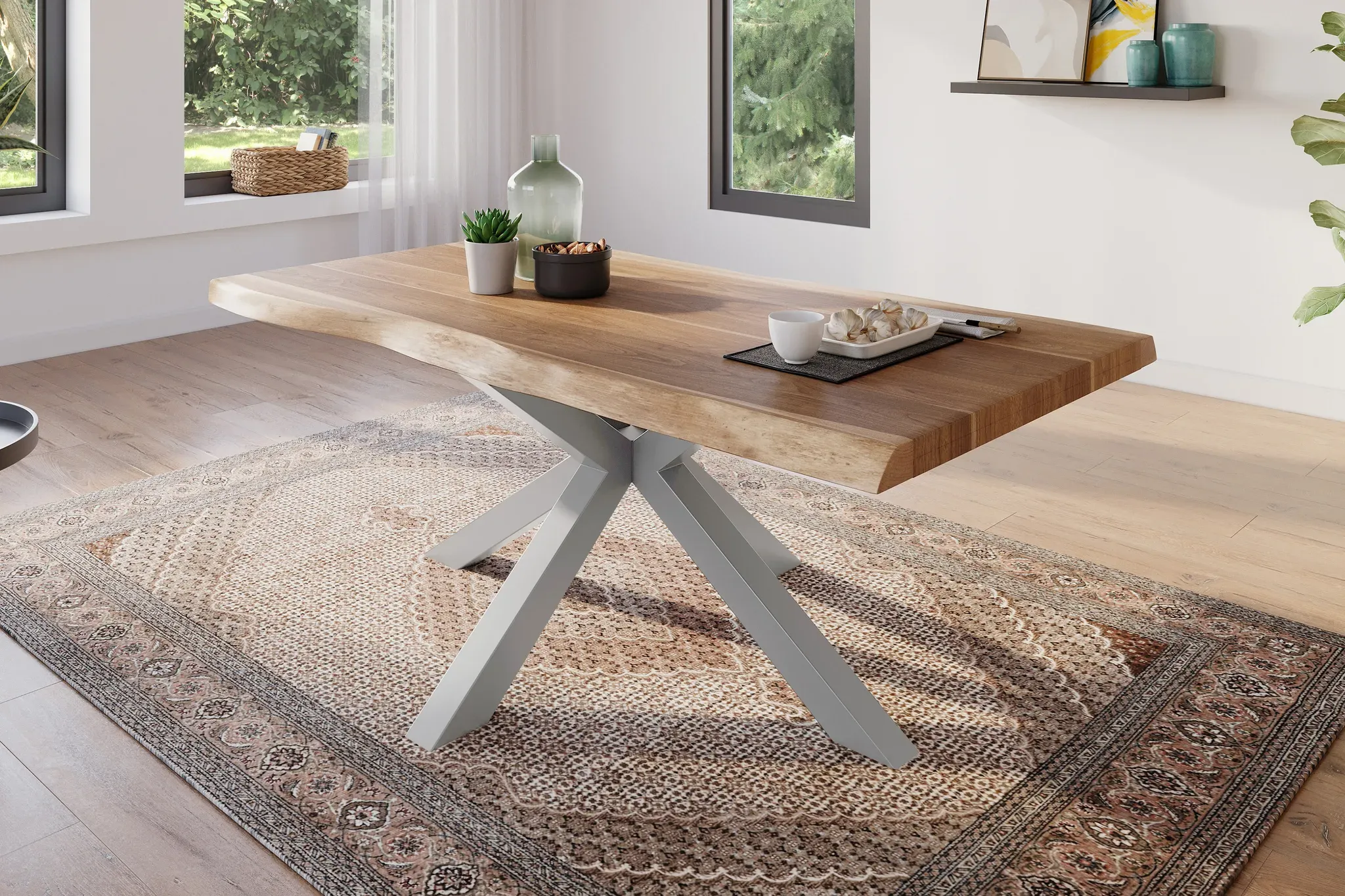 Esstisch 180 x 90 cm Akazie massiv natur Baumkantentisch Spider-Gestell silber ATLAS