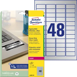 AVERY Zweckform L6009-20 Typenschild Folienetiketten (960 Aufkleber, 45,7x21,2mm auf A4, stark selbstklebend, strapazierfähig, wetterfest, bedruckbare Klebefolie, blanko) 20 Blatt, silber