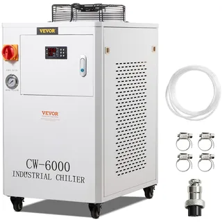 Vevor Industrieller Wasserkühler, CW6000, 1500 W Wasserkühler-Kühlsystem mit Kompressor, 15 L Wassertankkapazität, 65 L/min max. Durchflussrate, für Kühlmaschine für CO2-Lasergravurmaschinen