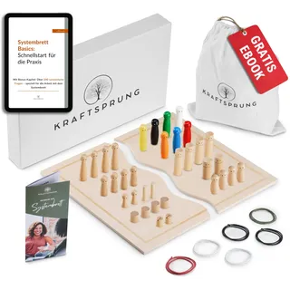 Systembrett Aufstellung Set für systemische Aufstellungen – 45 Teile: Familienbrett & Figuren aus Holz, inkl. eBook mit 200 systemischen Fragen & Extras – Ideal für Coaching & Familienaufstellungen