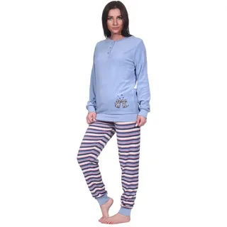 Creative by Normann Damen Frottee Pyjama mit Knopfleiste, Langarm, Uni Oberteil Katzen, Hose in Ringel-Optik, Blau, 69217, Gr. L 44/46 - L