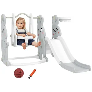 aiyaplay Rutsche 4-in-1 Kinderrutsche mit Schaukel, Klettergerüst, Basketballkorb, Kinder Spielplatz mit Hasendesign Kleinkinderrutsche für Indoor und Outdoor,