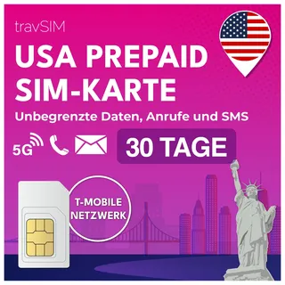 travSIM USA SIM Karte | T-Mobile Netz | Unbegrenzte Daten, Anrufe & Texte in den USA | SIM Karte USA funktioniert auf iOS & Android Geräten | SIM USA 30 Tage