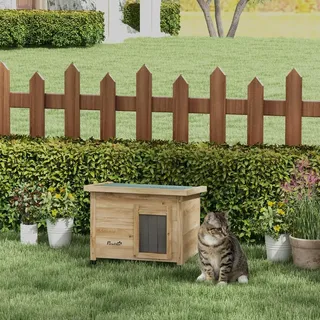 PawHut Katzenhaus aus Holz, Katzenhütte Outdoor, Katzenhöhle mit Türvorhang Gelb