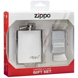 Zippo Sturmfeuerzeug und Flachmann Geschenk-Set - Brushed Chrome - Lustre - Nachfüllbar - Wiederverwendbar - Windfest - Made in USA
