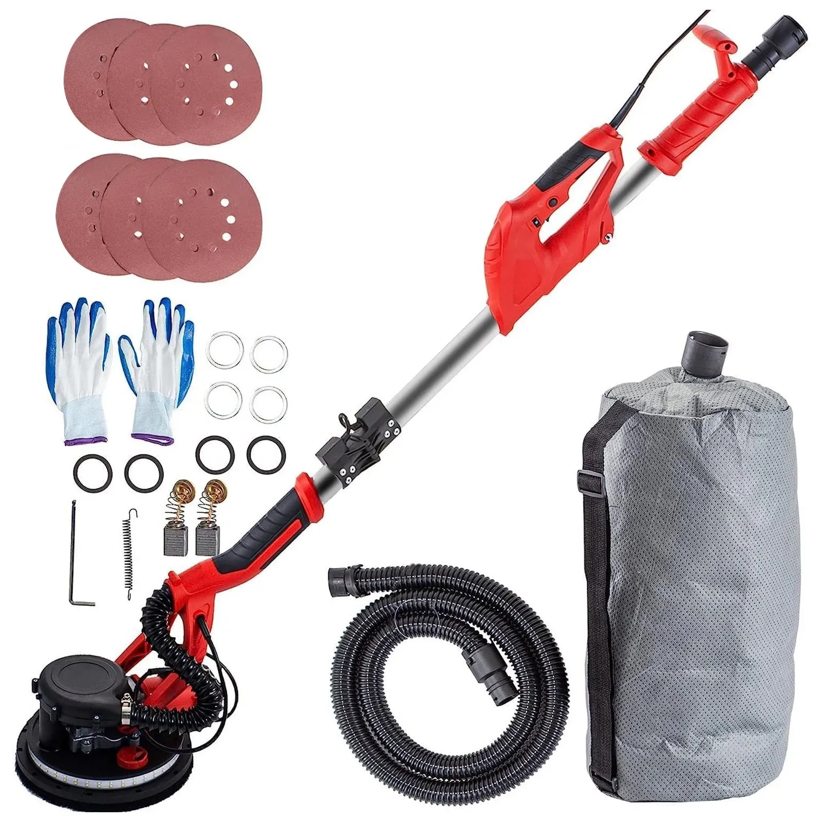 VEVOR Rotationswandschleifgerät 750W, klappbarer Gipskartonschleifer mit Teleskopgriff, variable Drehzahl 800–1750 U/min, Wandschleifer mit LED-Streifenleuchte und Staubbeutel