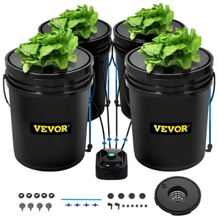 Vevor DWC Hydroponics Grow System, Hydroponisches Anbausystem, Deep Water Culture 5 Gallonen 4 Eimer, mit Luftpumpe, Luftsteinen und Wasserstandsanzeige für Blattgemüse