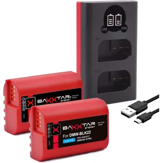 Baxxtar Pro DMW-BLK22-E Akku-Pack (2400mAh) mit Mini LCD Dual Ladegerät (USB-C/MicroUSB) kompatibel mit Panasonic Lumix DC S5 S5D S5K S5-X S5II S5-IIX GH5 GH5-II GH5S GH6 G9