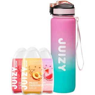 Trinkflasche Starter Set 3x Zuckerfreier Sirup inklusive, Sport Wasserflasche [Bottle BPA-free] 1Liter Auslaufsichere Sportflasche | Wasser mit Geschmack - Sirup ohne Zucker More Juizy Less Calories