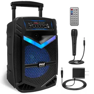 Pyle Audio Pyle PA Bluetooth Lautsprecher Karaoke Maschine mit Karaoke Mikrofon, Musikbox Bluetooth Box, Partybox, Rechargeable, 15” Subwoofer,1” Tweeter, Aufnahmefunktion, Partybeleuchtung, USB/SD-Radio