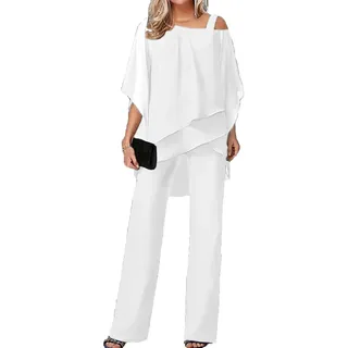 Damen Zweiteiler Outfit Sommer Hosenanzug Damen Tüll Sets Zweiteiler Chiffon Shirt und Hohe Taille Hosenanzug Elegant Vintage 2-Teiliges Set Outfit Cocktail Party Hosenanzug(White,M) - M