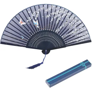 KAKOO Japanischer Handfächer mit Geschenkbox Schmetterling und Blütenkirsche Stofffächer Fächer Wandfächer Hochzeit Party Karneval Blau (Blau-Schmetterling und Blütenkirsche)