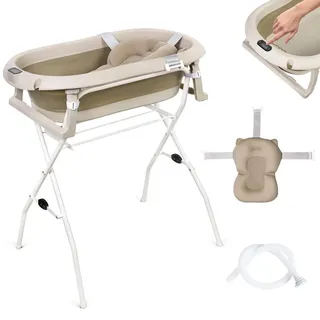 moovkee Babybadewanne mit Gestell 80cm Beige Faltbar mit Thermometer, Badekissen und Abflusssystem – Babywanne für Neugeborene mit Ständer - Beige