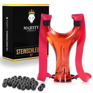 MAJESTY FOREST® Profi Steinschleuder Set (Rot) - Zwille aus Polycarbonat für Sport und Outdoor - Schleuder mit Tonkugeln und Gummibändern
