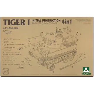 TAKOM 2197 Tiger I Initial Production 4 in 1 (s.Pz.ABT. 502) – 1:35 Plastikmodellbausatz – Inkl. Aluminiumrohr, Metallteilen & Kupferseil – Ungebaut