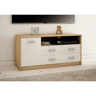 home collective TV-Schrank 110cm breit Lowboard in matt Fernsehtisch mit 1 Tür 2 Schubladen und 2 Regalen aus laminiertem Board abgerundete Kante und Metall-Rollschienen Fernsehkommode Sonoma weiß