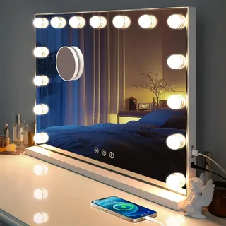 Kottova Kosmetikspiegel mit Lichtern, Make-up-Spiegel mit Lichtern, Hollywood-beleuchteter Spiegel mit 15 dimmbaren LED-Lampen, 3 Farbmodi, Touch-Steuerung, USB-Ladeanschluss, Metallrahmen, Weiß