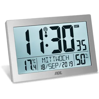 ADE Digitale Funkuhr mit großem XL-Display | Kalender | mit Temperaturanzeige & Hygrometer | Wanduhr | Funkwecker mit 2 Weckzeiten und Schlummerfunktion | Silber
