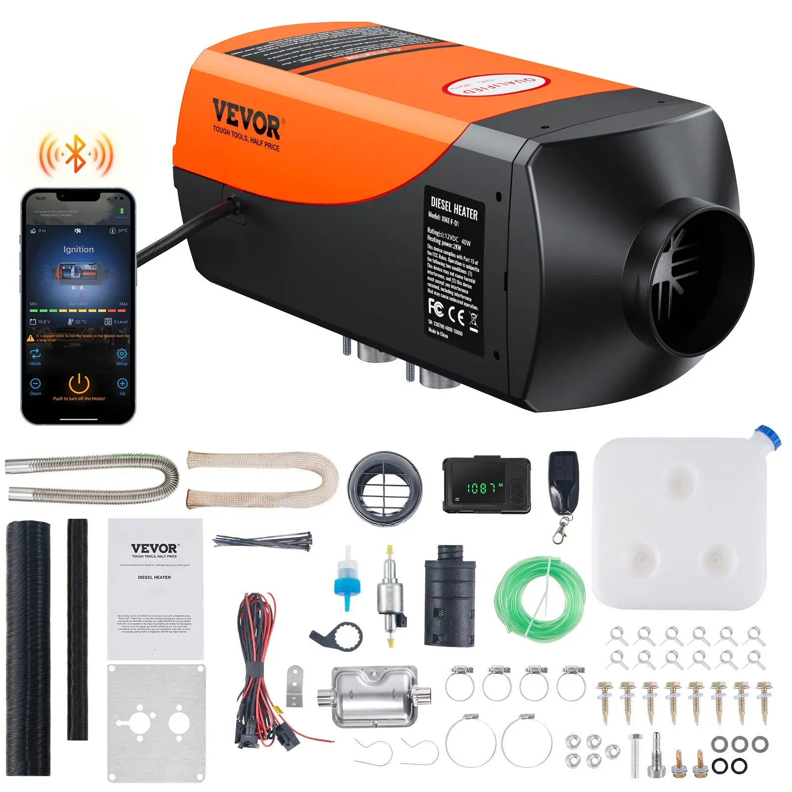 VEVOR Luft Dieselheizung Standheizung 12V 2KW, Luftheizung Air Diesel Diesel Standheizung Lufterhitzer, 0,12–0,26 L/Std. Dieselheizung mit LCD-Display & Fernbedienung & Bluetooth-APP