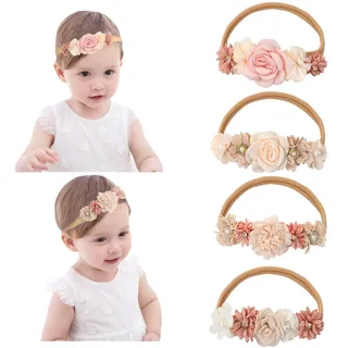 4 Stück Baby Stirnband Blumen, Baby Blume Elastisches Stirnband, Nylon Stirnband Blumenstirnband Baby, Baby Haarband, Baby Mädchen Stirnbänder Weiche für Neugeborene Säuglinge Kleinkinder Kinder