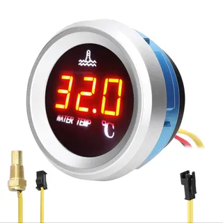 tomtop jms 52 mm Wassertemperaturanzeige, Auto-Digitalmessgerät, LED-Anzeige, 9–36 V, mit Temperatursensor-Alarm schwarz