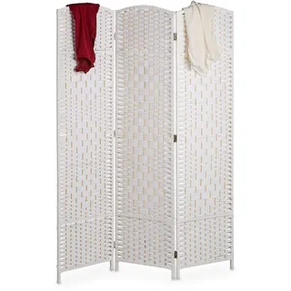Relaxdays Paravent Raumteiler, HxB: 170 x 120 cm, Faltbarer Raumtrenner, 3-teiliger Sichtschutz, Holz & Papierseil, weiß