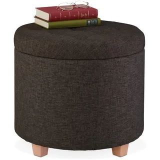Relaxdays Sitzhocker mit Stauraum, gepolsterter Hocker rund, für Wohnzimmer, Leinen-Optik, H x D: 41 x 44 cm, braun