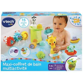 VTech - Maxi-Badeset für Verschiedene Aktivitäten, 15 Badespielzeuge, Tiere, Boote, 3 Formen, 3 Bälle, Aufbewahrungsnetz, Geschenk für Kinder, Jungen und Mädchen, ab 1 Jahr – Inhalt auf Französisch