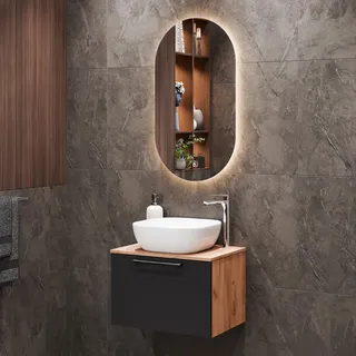 Planetmöbel Waschtischunterschrank Astra 60 cm gold eiche / anthrazit mit Aufsatzwaschbecken weiß
