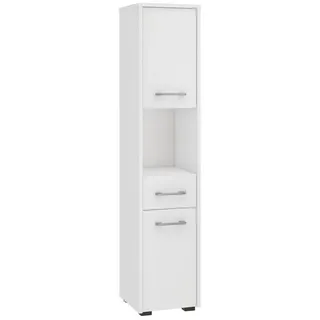 home collective Badezimmerschrank schmal weiß mit 2 Türen und Schublade, 140 cm hoch, 30cm breit und tief