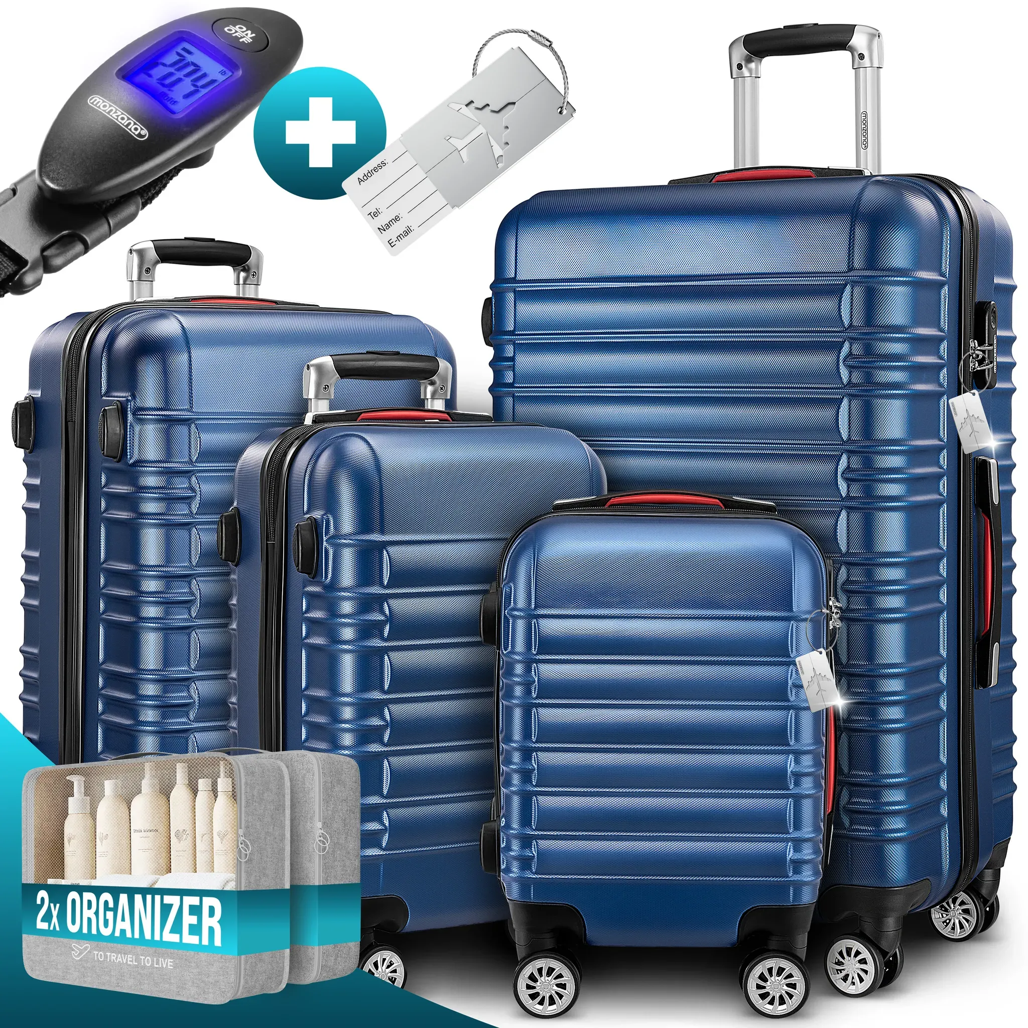 Hartschalenkoffer Set 4-tlg mit Zubehör Rollen 360o Blau ABS