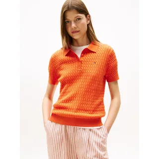 Tommy Hilfiger Poloshirt TOMMY HILFIGER "CO CABLE POLO-NK SS SWEATER", Damen, Gr. M (38), orange (brilliant orange), Single Jersey, Obermaterial: 100% Baumwolle, unifarben, regular fit, Rundhals, Shirts, mit Zopfmuster