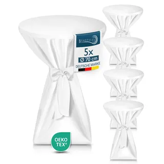 Beautissu 5X Premium Stehtischhussen 70 cm Blickdicht Weiß – Tischhussen für Stehtische 70 cm rutschfest Bügelfrei & Waschbar Stehtischüberzug Schleifenband – Husse für Stehtisch Bistrotisch