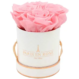 PARIS EN ROSE Rosenbox Ø 10 cm Weiß-Roségold Deluxe mit 4 Rosa Rosen