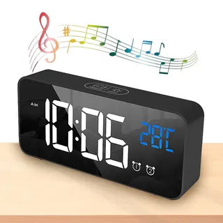 WDEC Digital Wecker, Große LED Temperaturanzeige, USB Wiederaufladbar, 2 Alarmen, Snooze Funktion, Sprachsteuerung Funktion, 4 Helligkeiten, 13 Musik, LED Digitaluhr Spiegelalarm Tischuhr (Schwarz)