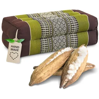 Livasia Block Yogakissen eckig - 17x34x12cm - Meditationskissen mit Kapok, Stützkissen Bolster rechteckig, Yoga Pilates Zubehör Nackenkissen, Thaikissen fest handgefertigt (Braun/Grün)