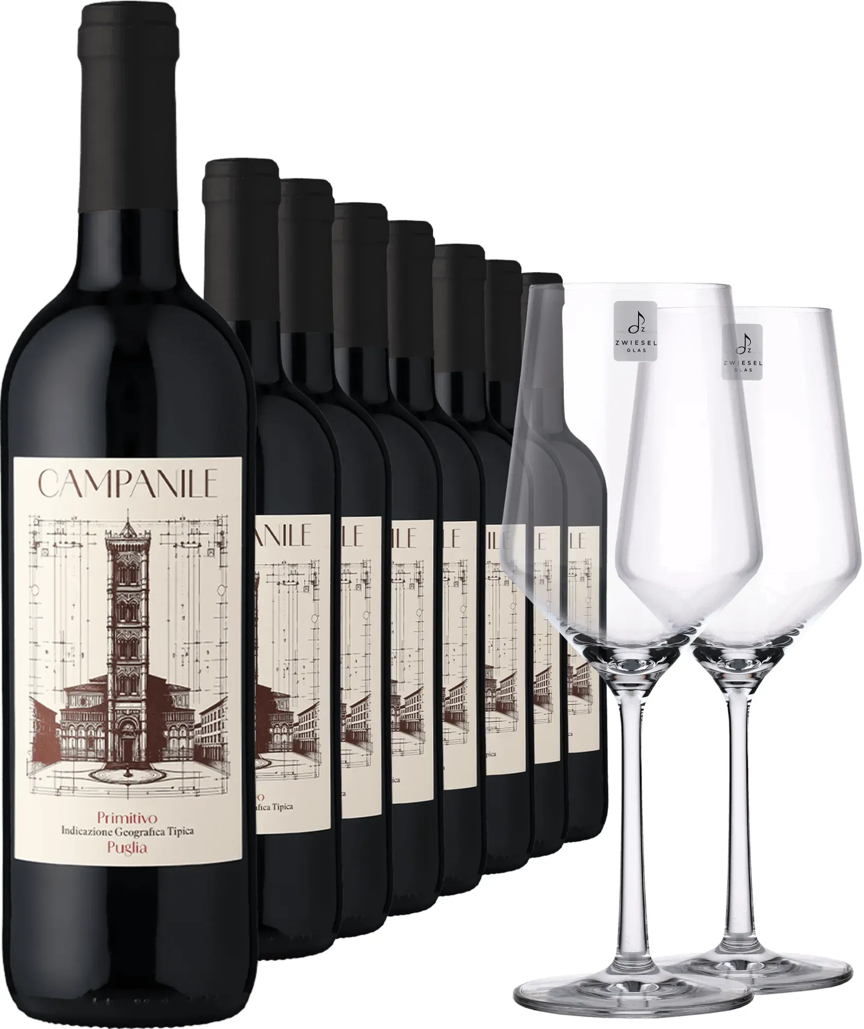 2024 Campanile Primitivo im 8er-Vorratspaket inkl. 2er-Set Zwiesel Glas »PURE«