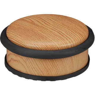 Relaxdays Türstopper Boden, für schwere Türen, Edelstahl, Gummi, flach, Holzoptik Bodenpuffer HxD 5 x 10,5 cm, hellbraun