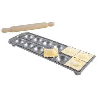 Mehl Eppicotispai Ravioli-Maker aus Aluminium mit 12 Löchern, rund, mit Nudelholz