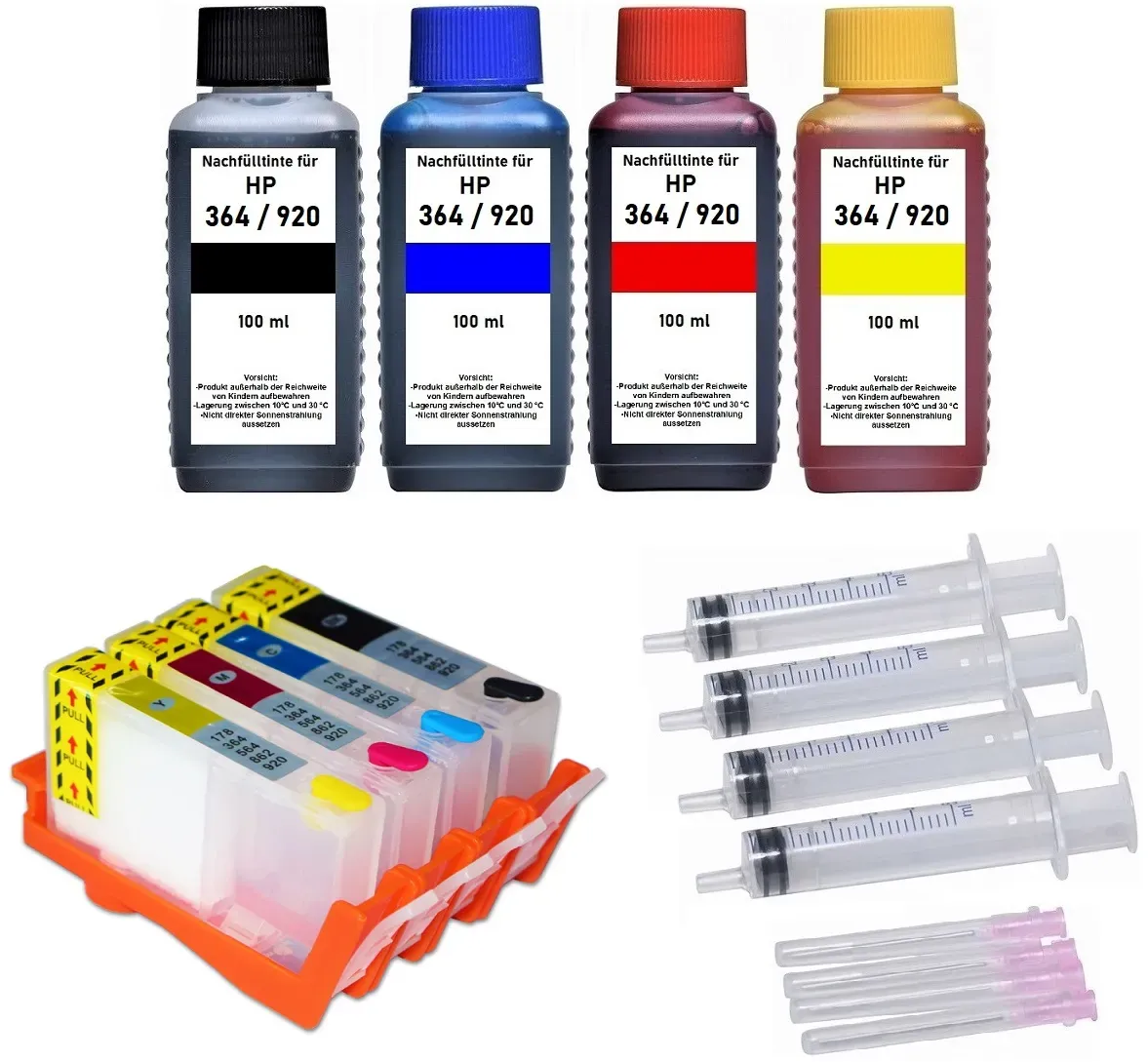 Wiederbefüllbare Tintenpatronen HP 364 XL - 4 Patronen + 400 ml Nachfülltinte