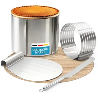 Smart-Planet Tortenring Set 4-teilig mit verstellbarem Backring hoch, Tortenform Schneidehilfe - Kuchenheber und Konditormesser, Torten Zubehör aus Edelstahl spülmaschinenfest