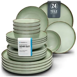 PURE LIVING INTERIOR DESIGN Steingut Geschirrset 6 Personen Rustic 24 tlg. TESTSIEGER, Hochwertiges Landhaussttil Steingut Geschirr Set, Schüssel- und Teller Set, Tafelservice 6 Personen, Geschirrsets Pure Living in Mintgrün