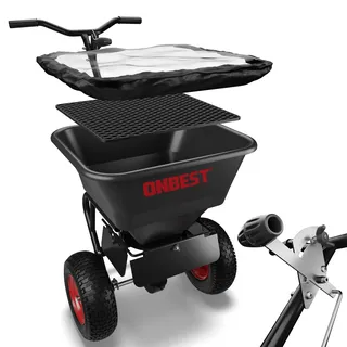 ONBEST Streuwagen – Düngestreuer – Flexible Streubreite – 45 Liter Streuer – Universal für den Winterdienst, als Aussaathilfe oder Düngerwagen für Rasen – Schleuderstreuwagen mit Luftreifen