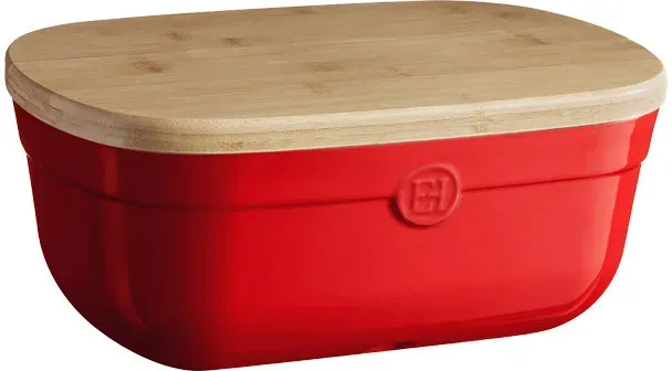 Emile Henry Brotkasten - mit Holzdeckel als Schneidebrett - rot