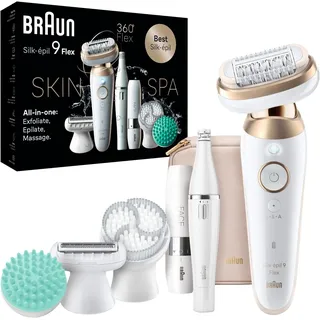 Braun Silk-épil 9 Flex SkinSpa All-in-One Set, Epilierer Damen / Haarentferner für langanhaltende Haarentfernung, Ladyshaver, Made in Germany, Facespa Gesichtshaarentferner, 9-681