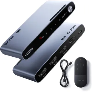 llano HDMI 2.1 Switch 8K@60Hz 3 in 1 Out mit IR Fernbedienung, Unterstützt 48Gbit/s, 4K@120Hz/ 240Hz, HDR10+, Dolby Atmos, CEC, Aluminiumlegierung Switch für Apple TV/PS5/Xbox/Roku/Fire Stick usw.