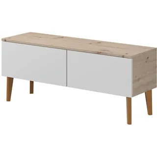 PAWS MEBLE Bergen RTV 120 2D Eiche Artisan/Weiße Front – Skandinavisches TV-Lowboard 120 cm – Push-to-Open – Holzfüße – 2 Fronten nach unten öffnend