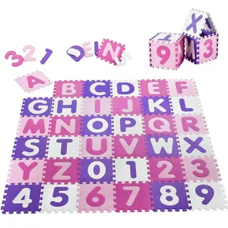 Juskys Kinder Puzzlematte Juna 36 Teile mit Buchstaben & Zahlen - rutschfest – rosa für Mädchen